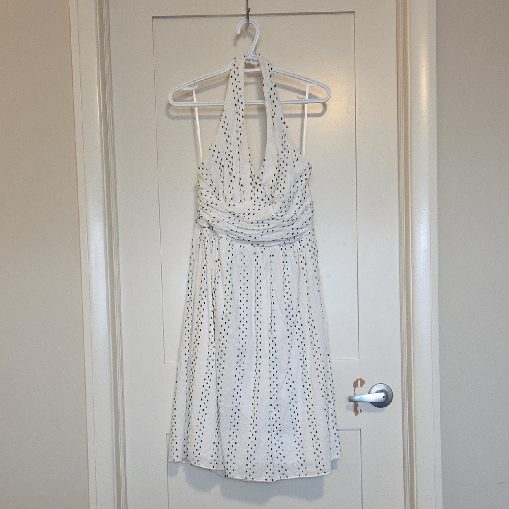 Karin Stevens Retro Pinup White V-Neck Halter Dress With Dots
